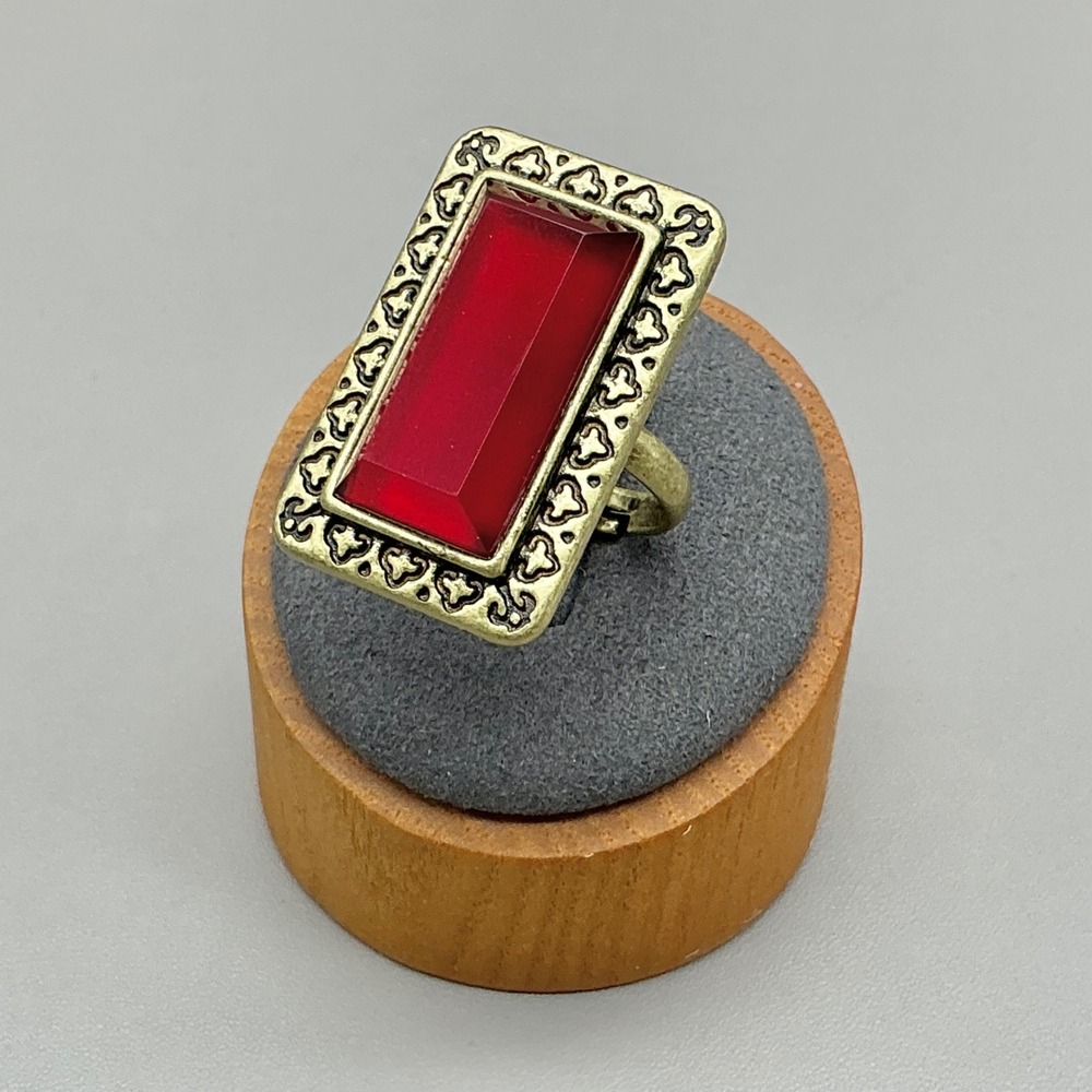 Rectangle Cocktail Ring Women Red Gold Tone Adjustable Band Costume Statement